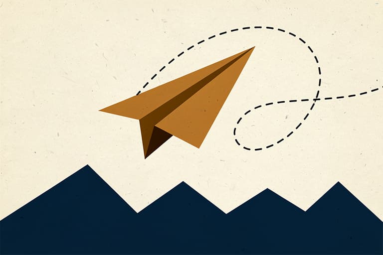 Illustration of a paper airplane soaring over a navy mountain silhouette