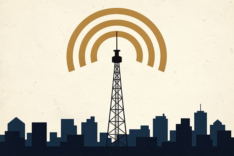 Illustration of a transmission tower broadcasting amber waves over a city skyline